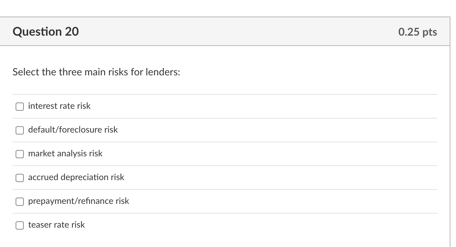  Question 20 Select the three main risks for lenders: interest rate