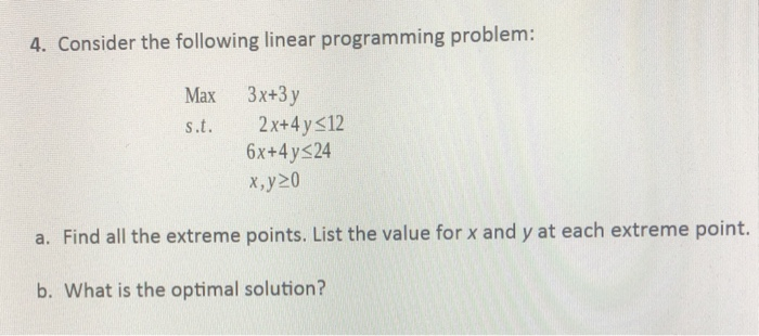 4. Consider the following linear programming problem: Max s.t. 2x+4y 6x+4yf24 a.