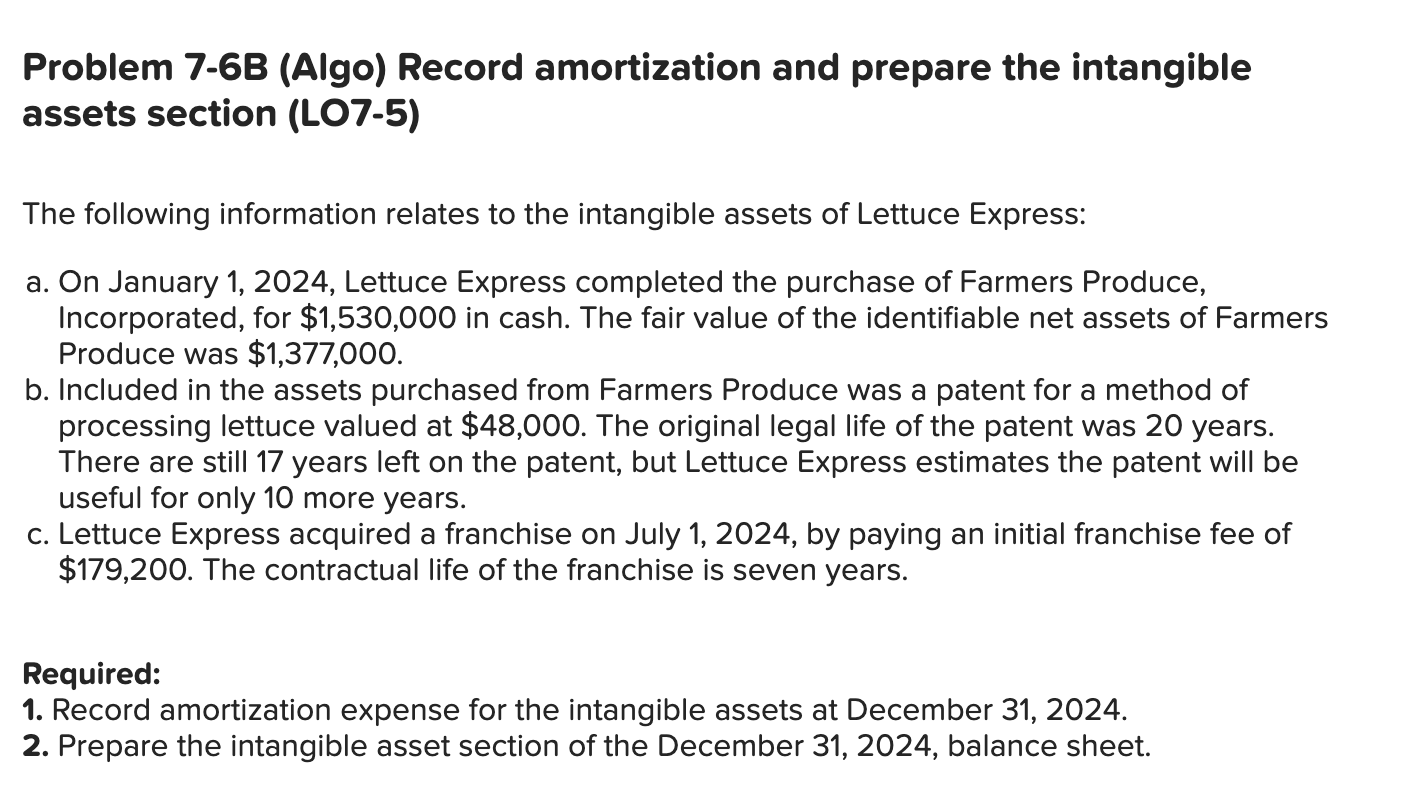7.6 Problem 7-6B (Algo) Record amortization and prepare the intangible assets section