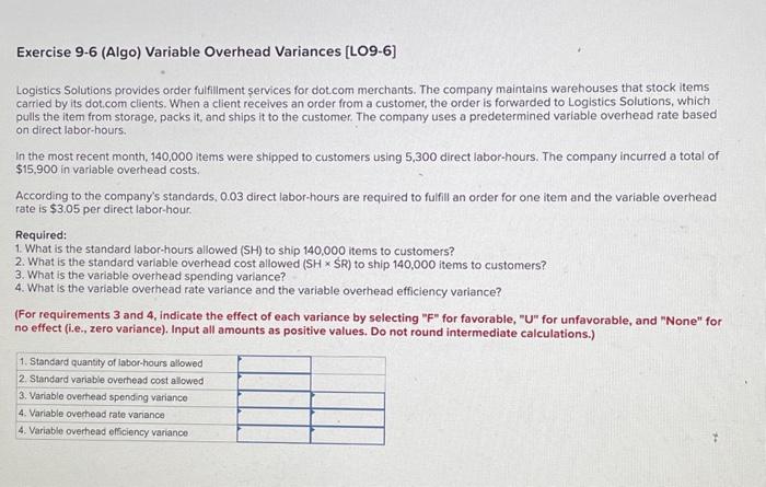  Exercise 9.6 (Algo) Variable Overhead Variances [LO9-6] Logistics Solutions provides order