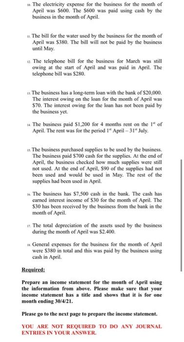 for a business for the month ending 30 April 2021. (All of