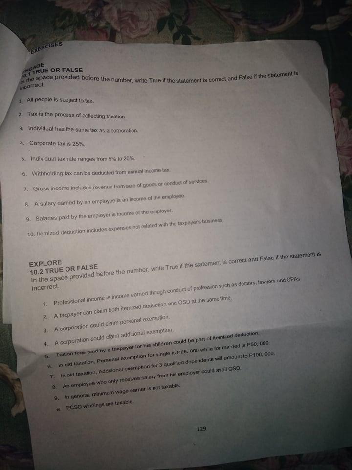 TRUE OR FALSE 10. TRUE OR FALSE in the space provided before