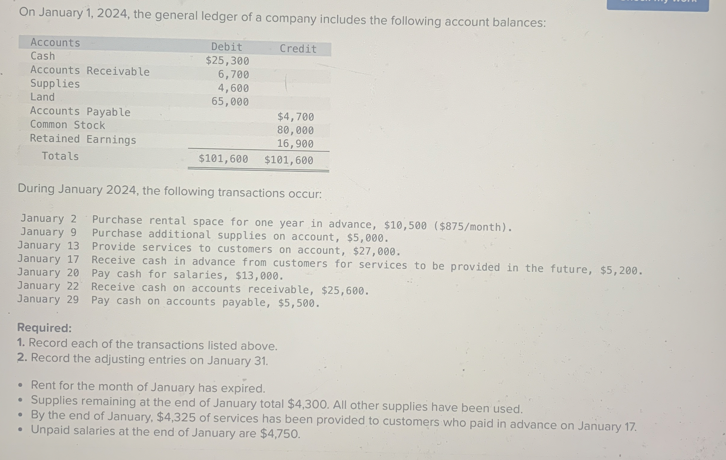 On January 1,2024, the general ledger of a company includes the