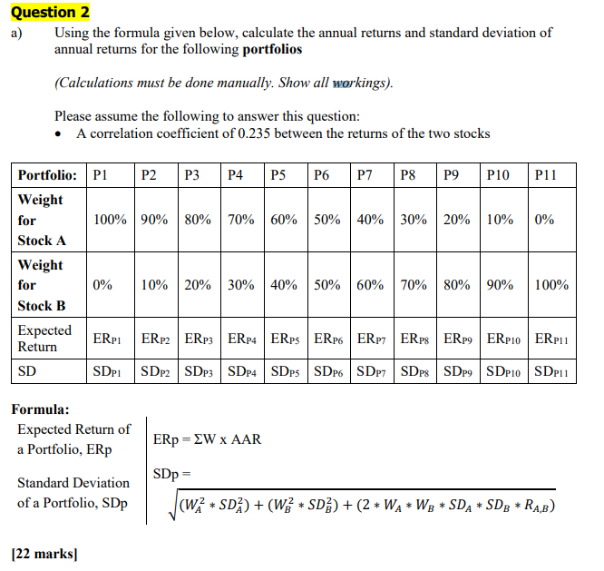  Question 2 a)Using the formula given below, calculate the annual returns