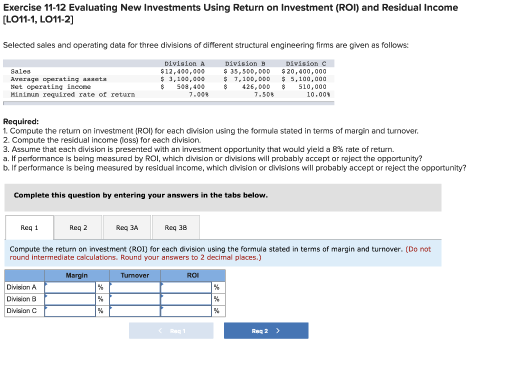 Help please Exercise 11-12 Evaluating New Investments Using Return on Investment (ROI)