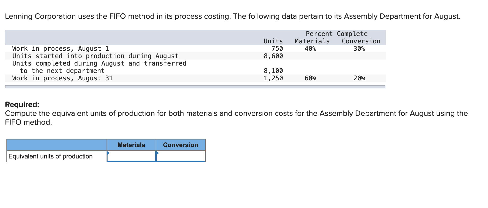  Lenning Corporation uses the FIFO method in its process costing. The