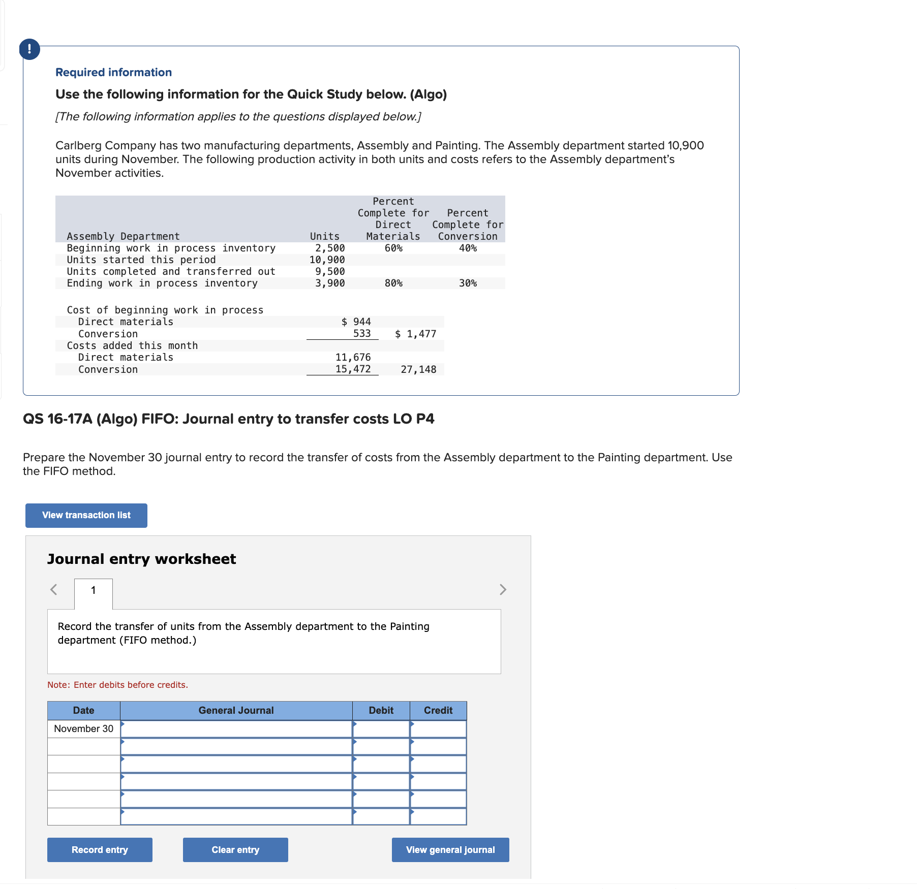  Required information Use the following information for the Quick Study below.
