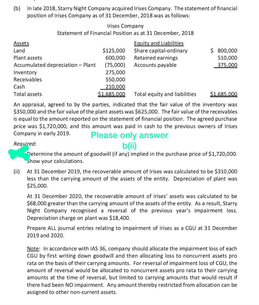  Please Help to answer b(ii)? (b) In late 2018, Starry Night