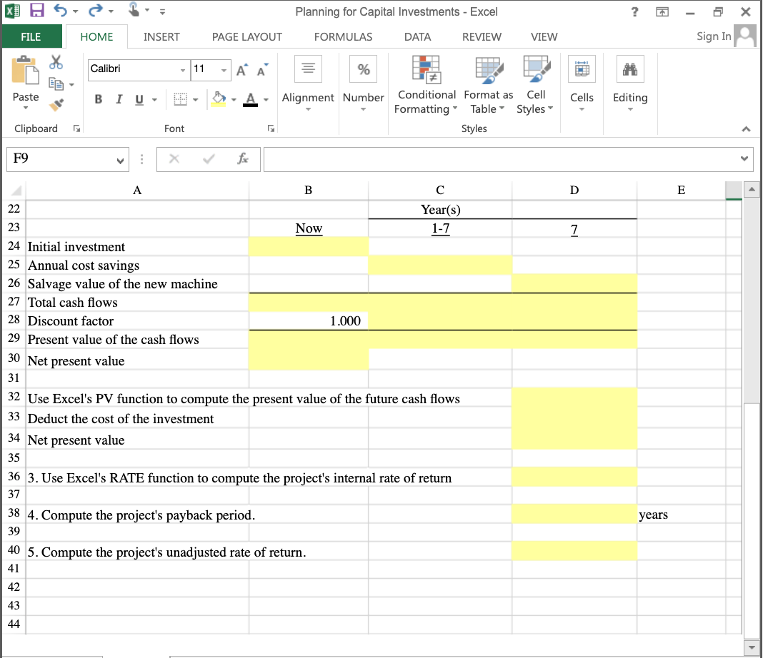 Planning for Capital Investments - Excel F9 A B C D E