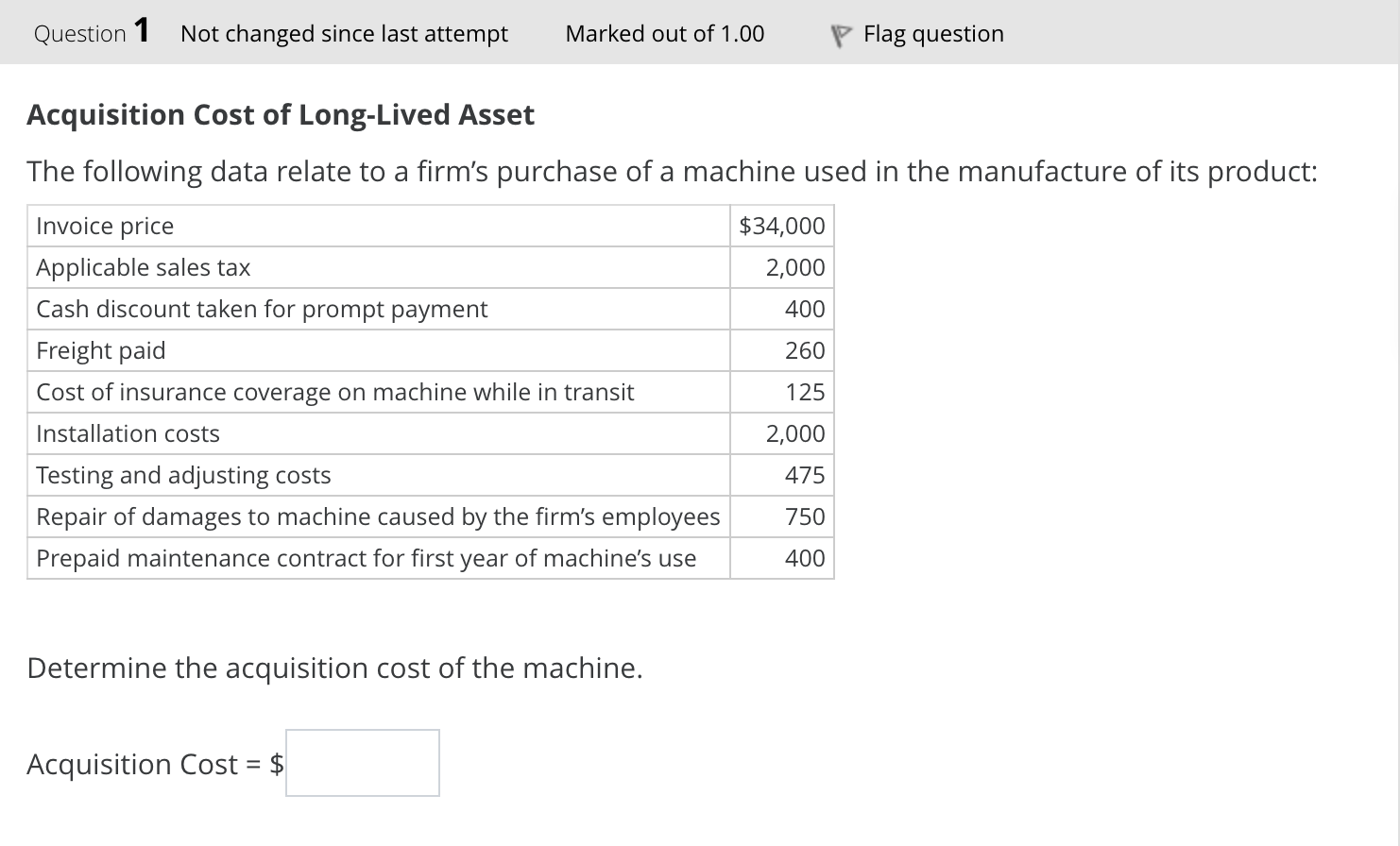 Help!!! Question 1 Not changed since last attempt Marked out of 1.00