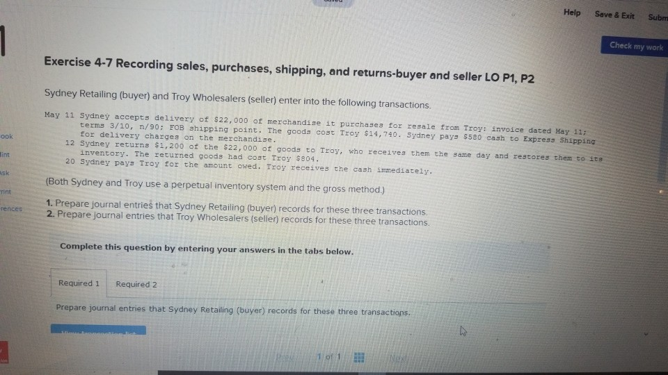  Help Save & Exit Subm Check my work Exercise 4-7 Recording