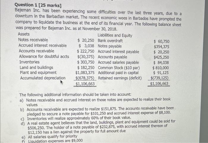  Question 1 [25 marks] Bajeman Inc. has been experiencing some difficulties