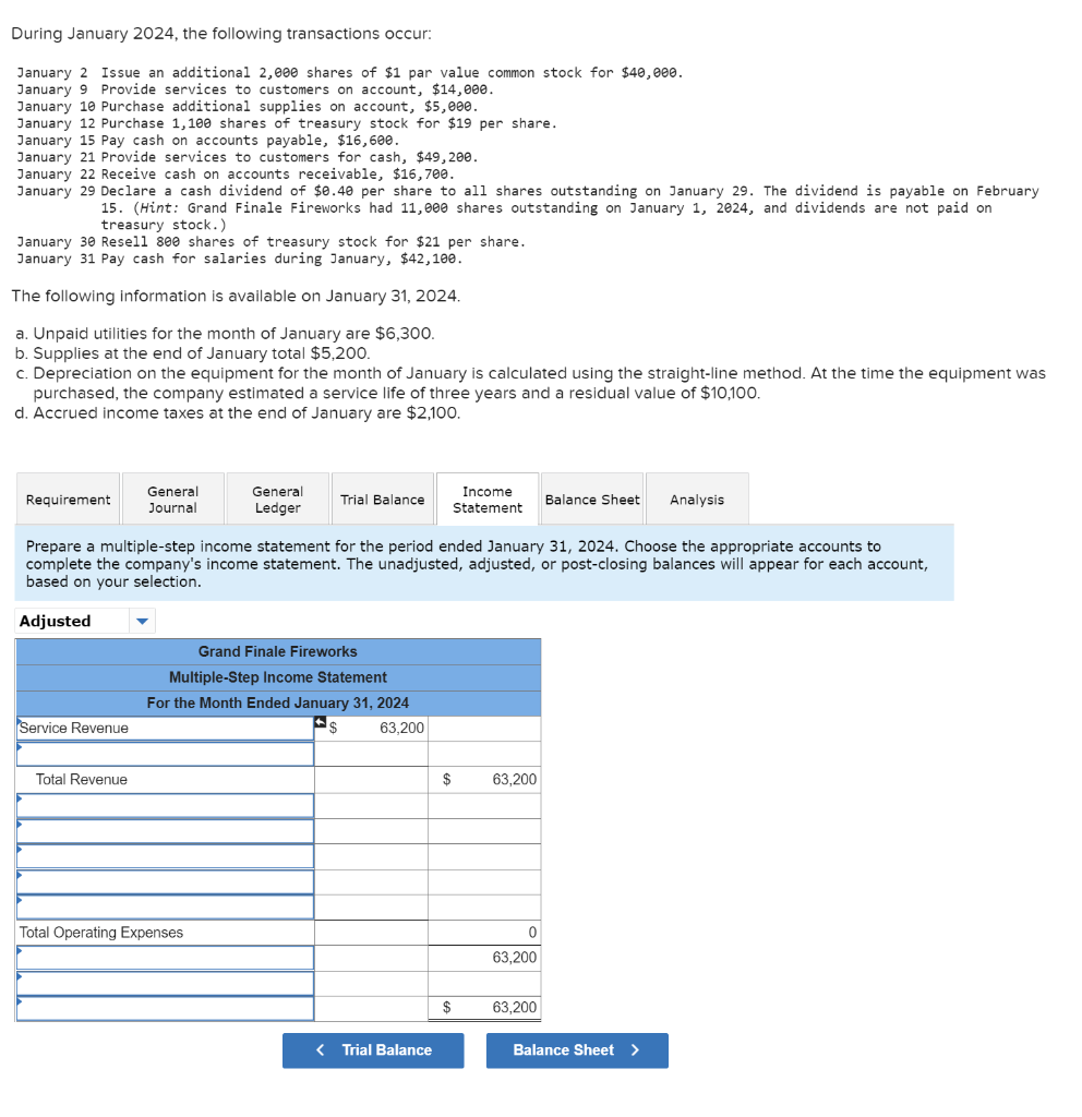 i need help with income statement and balance sheet During January 2024