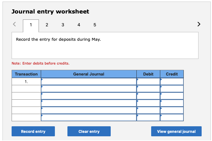  Required informationJournal entry worksheet Record the entry for deposits during May.