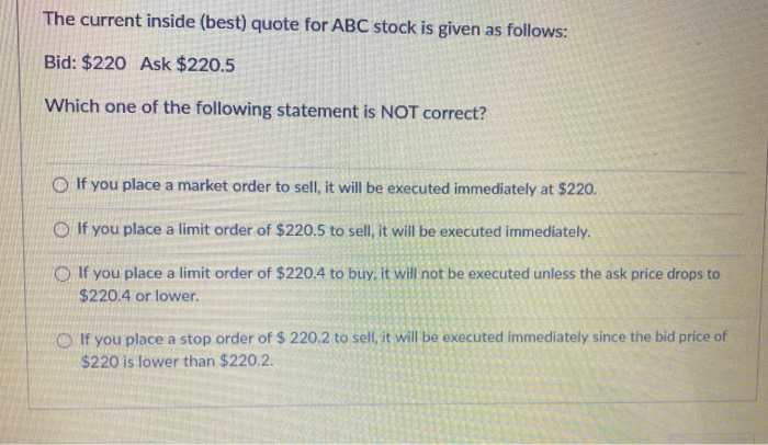 The current inside (best) quote for ABC stock is given as