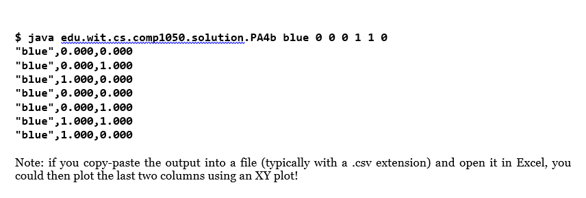 the JunitTest. $ java edu,wit.cs comp1050 solution.PA4b blue 0 ee11 e "blue",0.000,0.000