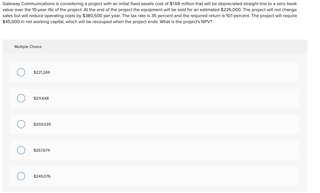  Gateway Communications is considering a project with an initial fixed assets