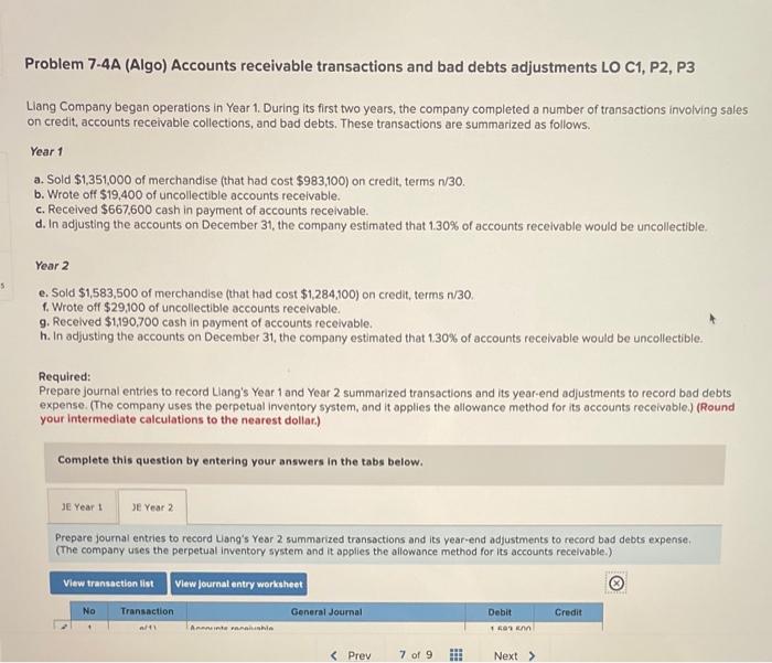 please help with letter d and h Problem 7-4A (Algo) Accounts receivable