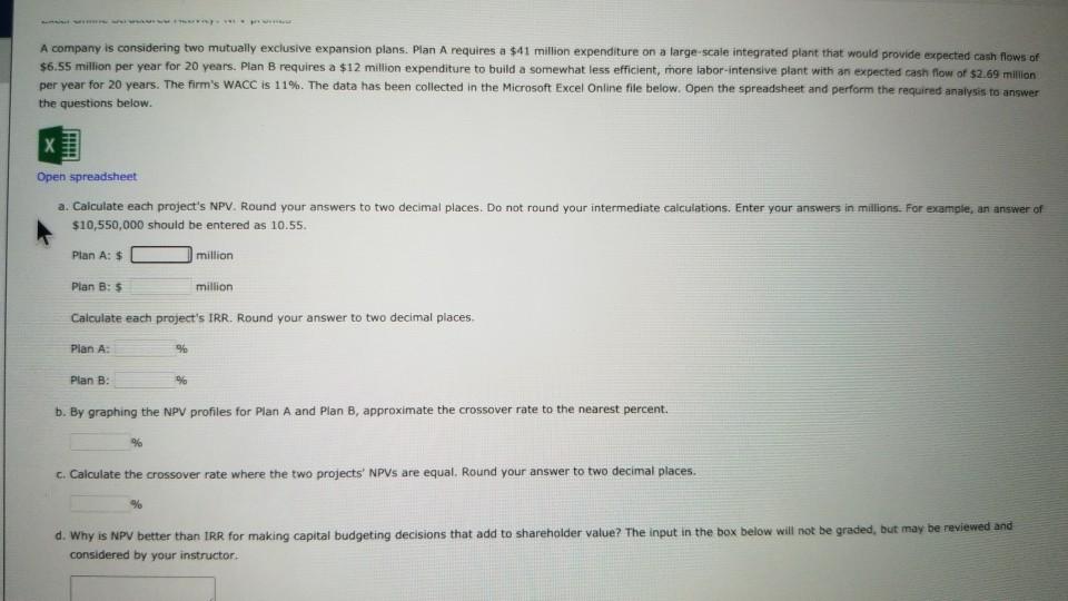 A company is considering two mutually exclusive expansion plans. Plan A