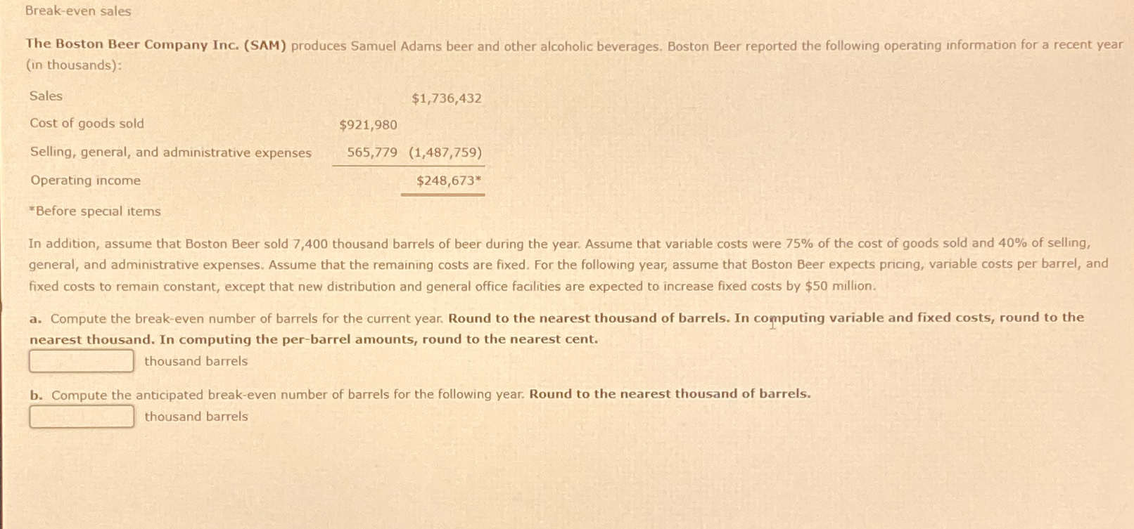  Break-even sales (in thousands): Sales $1,736,432 Cost of goods sold $921,980