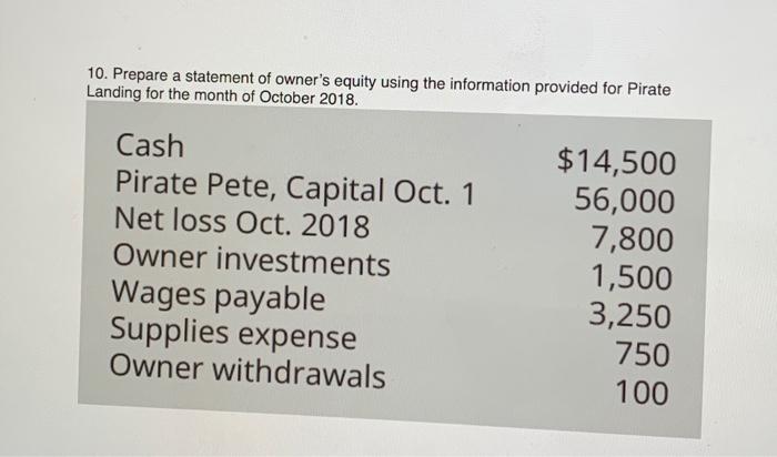  10. Prepare a statement of owner's equity using the information provided