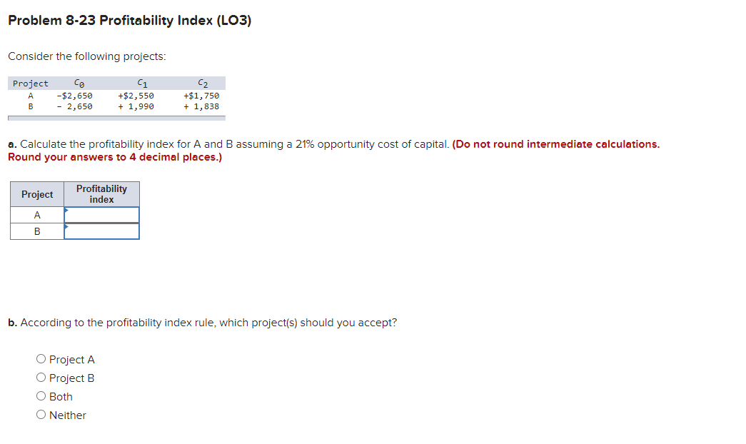  Problem 8-23 Profitability Index (LO3) Consider the following projects: a. Calculate