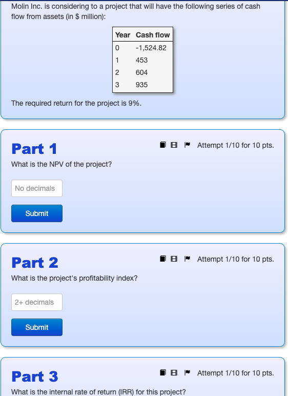  Molin Inc. is considering to a project that will have the