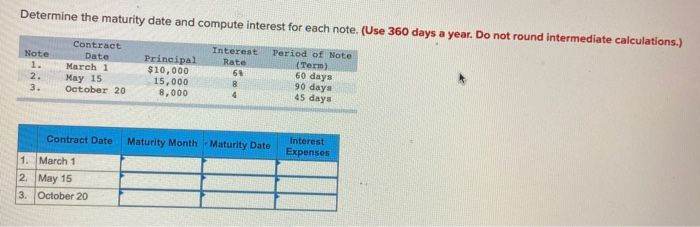  Determine the maturity date and compute interest for each note. (Use