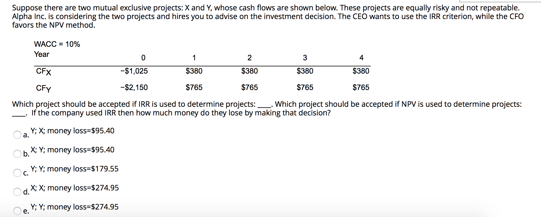 Suppose there are two mutual exclusive projects: X and Y, whose