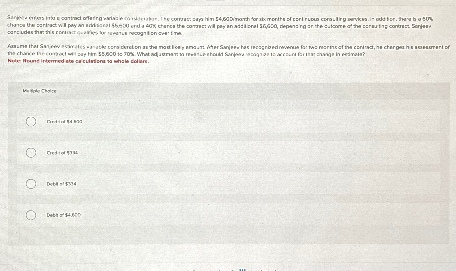  Sanjeev enters into a contract offering variable consideration. The contract pays