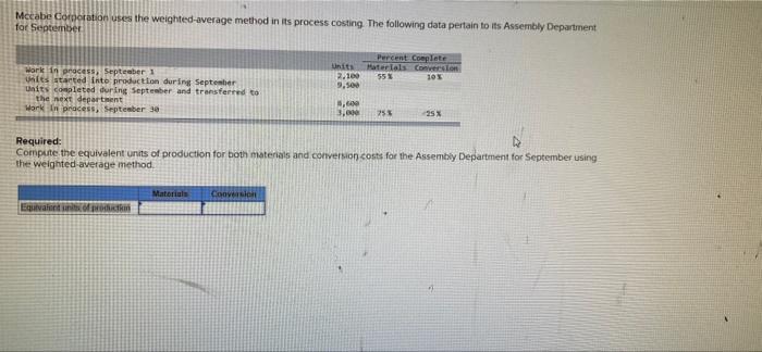 help fast please! Mccabe Corporation uses the weighted average method in its