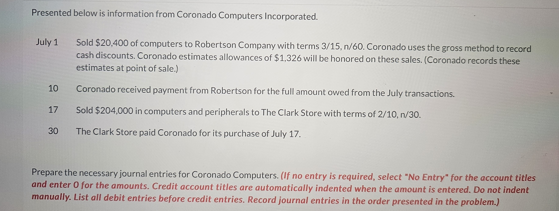  Presented below is information from Coronado Computers Incorporated. July 1 Sold