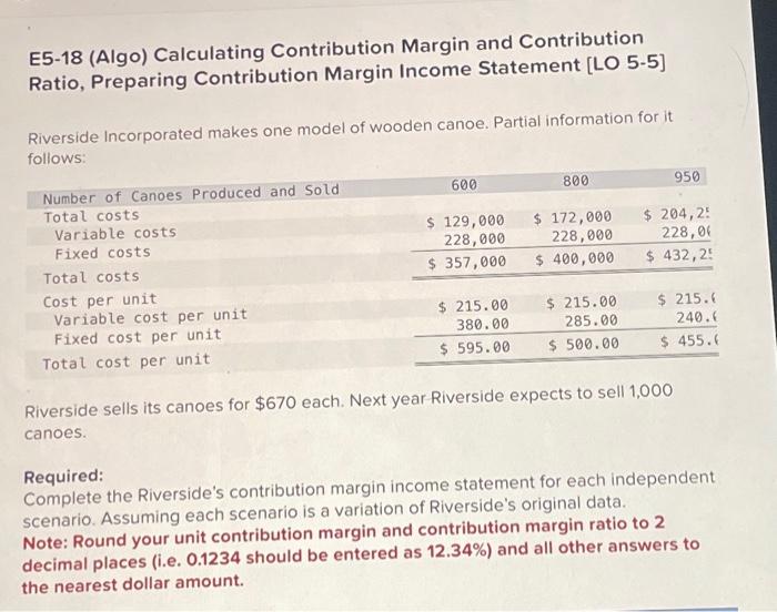  E5-18 (Algo) Calculating Contribution Margin and Contribution Ratio, Preparing Contribution Margin