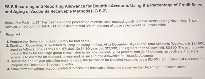  E8-8 Recording and Reporting Allowance for Doubtful Accounts Using the Percentage