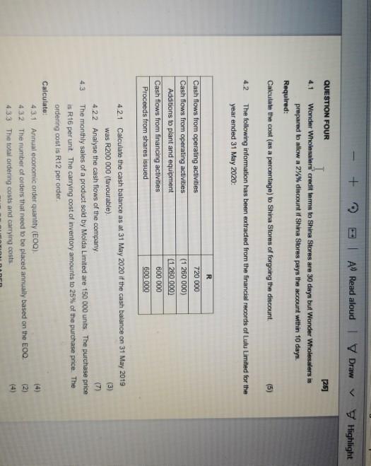  A9 Read aloud | Draw Highlight QUESTION FOUR [25] Wonder Wholesalers'