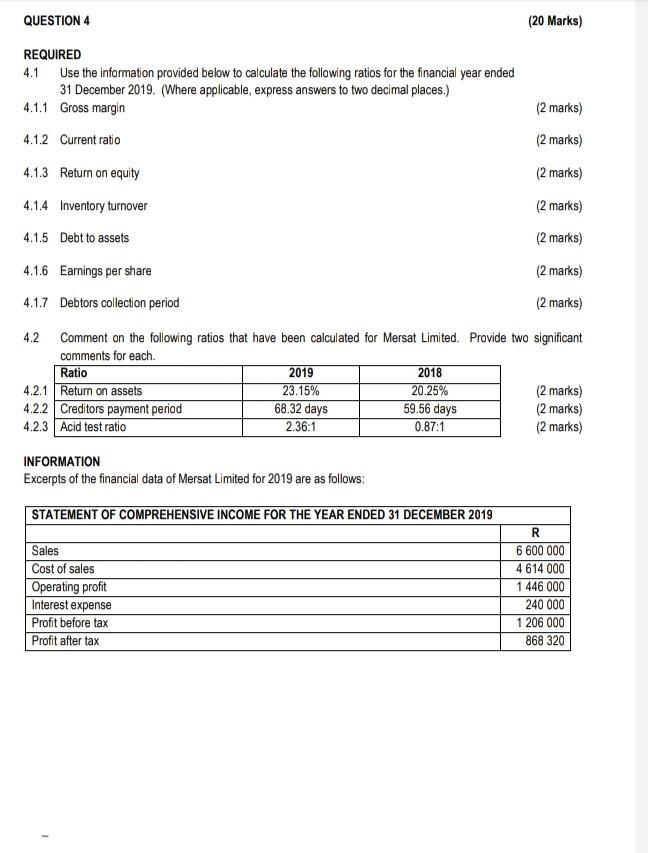  QUESTION 4 (20 Marks) REQUIRED 4.1 Use the information provided below