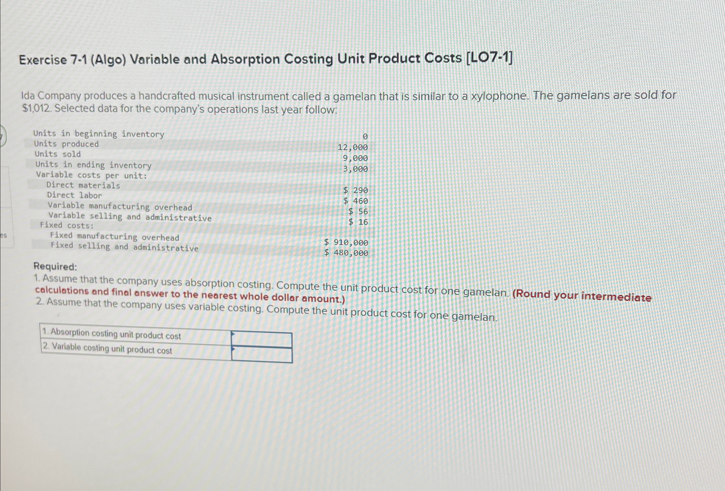 Exercise 7-1(Algo) Variable and Absorption Costing Unit Product Costs [LO7-1] Ida