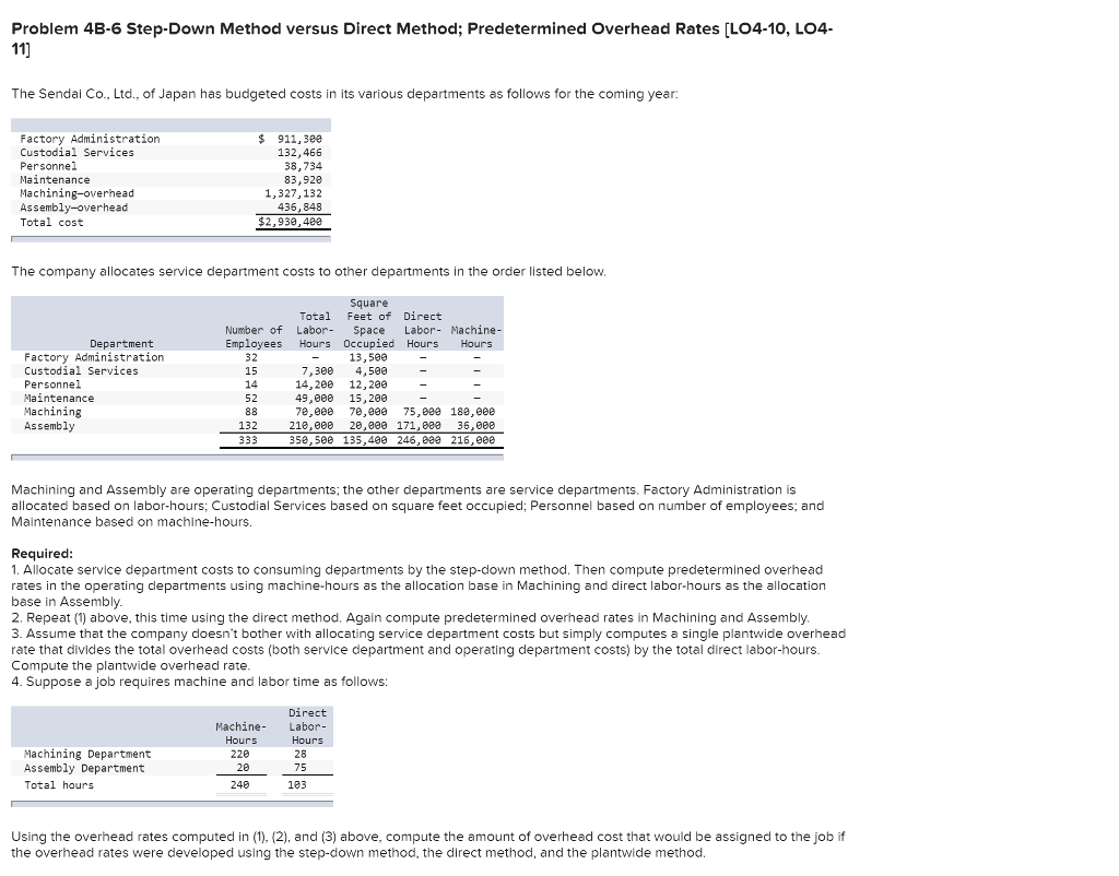  Problem 4B-6 Step-Down Method versus Direct Method; Predetermined Overhead Rates [LO04-10,