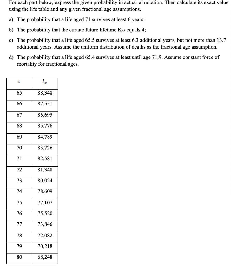 For each part below, express the given probability in actuarial notation.