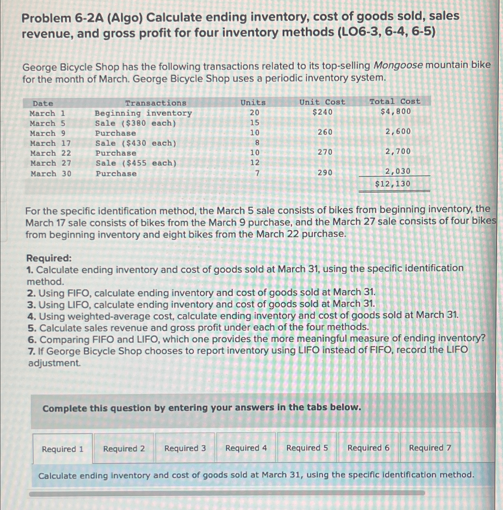  Problem 6-2A (Algo) Calculate ending inventory, cost of goods sold, sales