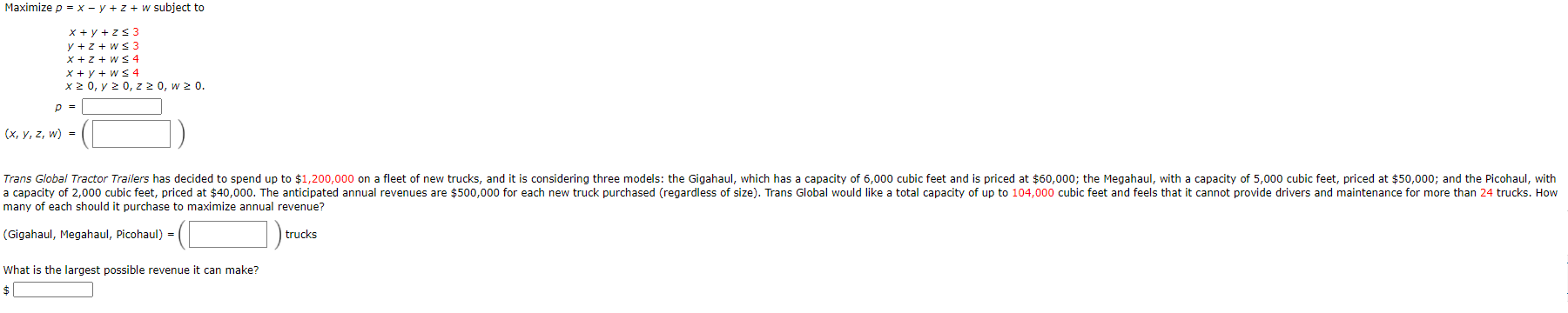  Maximize p = x - y + 2 + w subject