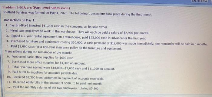  CALCULATOR Problem 2-03A a c (Part Level Submission) Sheffield Services was