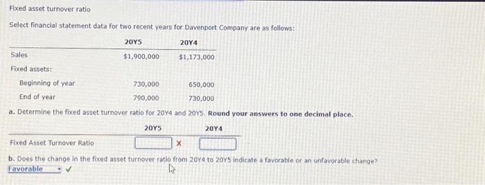  Fixed asset turnover ratio Select financial statement data for two recent