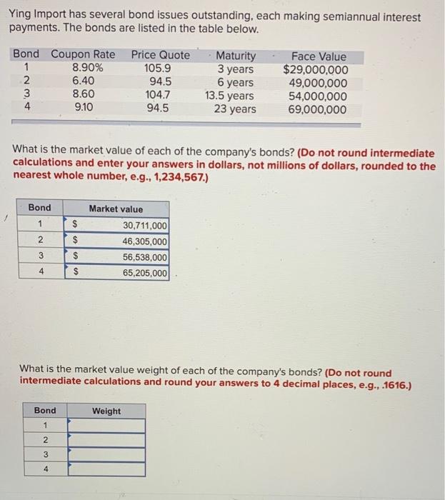  Ying Import has several bond issues outstanding, each making semiannual interest