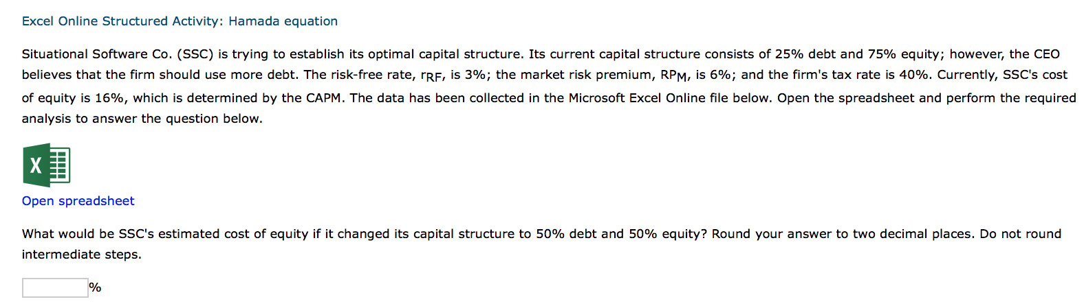  Excel Online Structured Activity: Hamada equation Situational Software Co. (sSC) is