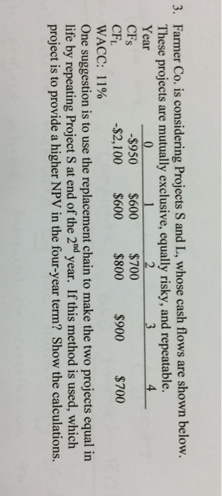  Farmer Co. is considering Projects S and L, whose cash flows