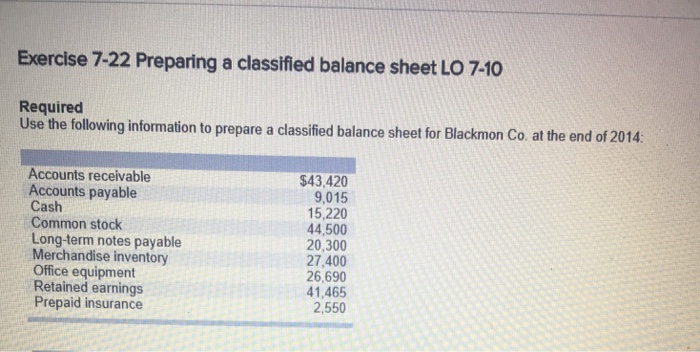  Exercise 7-22 Preparing a classified balance sheet LO 7-10 Required Use