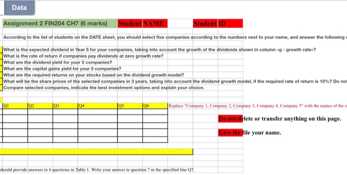  Data Assignment 2 FIN204 CH7 (6 marks) Student NAME Student ID