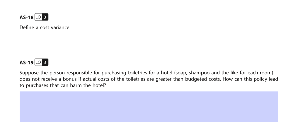 variance for room sales calculated? AS-18 LO 3 Define a cost variance.