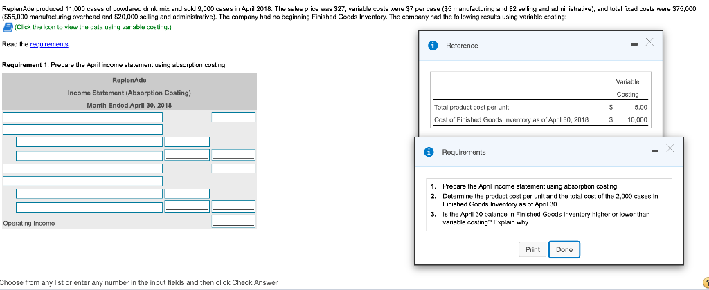 Managerial accounting please do all requirements Replende produced 11,000 cases of powdered